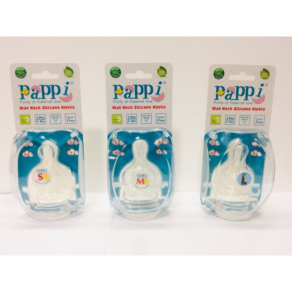 Núm vú silicone mềm cổ rộng Pappi hộp 2 cái Thailand