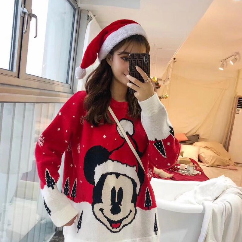 Áo sweater cổ tròn hoạ tiết chuột Mickey phong cách Giáng Sinh