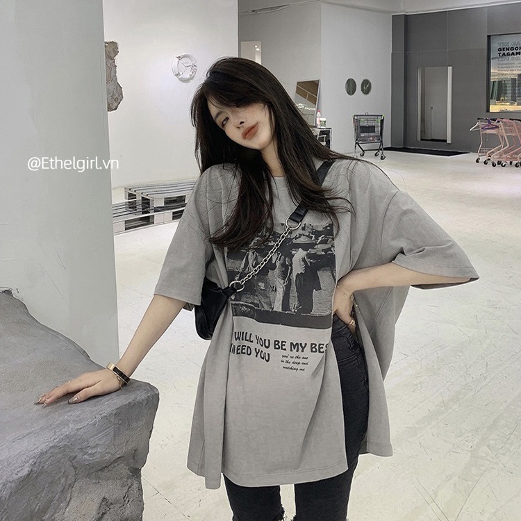 Áo thun tay ngắn cổ tròn dáng rộng thiết kế xẻ tà in họa tiết phong cách Hàn Quốc thời trang dành cho nữ