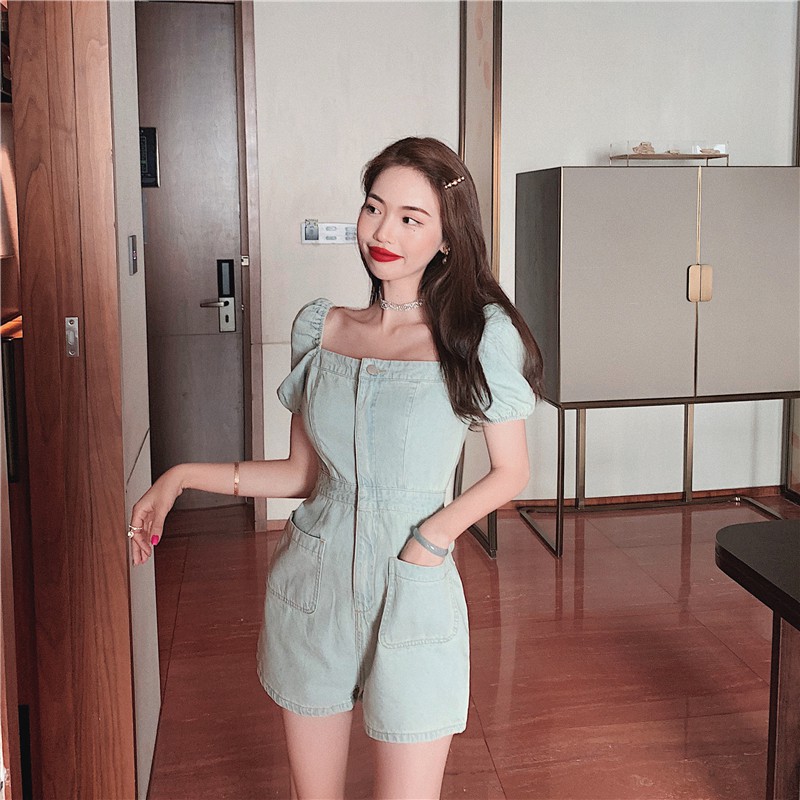 Jumpsuit denim ngắn cổ vuông dây kéo trẻ trung