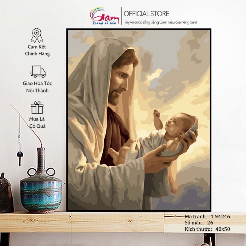 Tranh sơn dầu số hóa Gam Công giáo Chúa Jesus và em bé có khung 40x50cm TN4246
