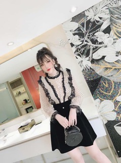 Váy nhung bèo hoạ tiết chấm bi (ảnh thật)