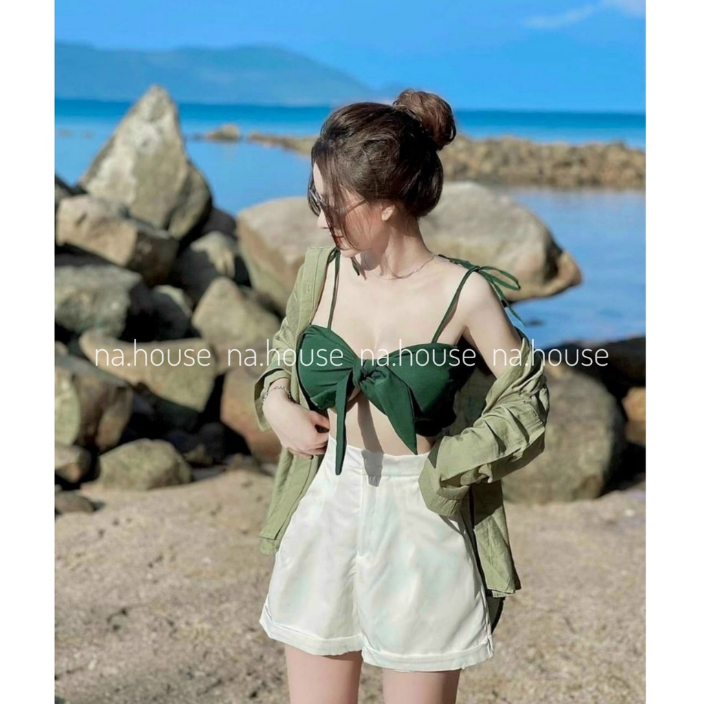 SET ĐI BIỂN ĐI CHƠI 3 MÓN NAHOUSE SET BỘ ĐÙI NỮ ÁO SƠ MI MIX QUẦN KÈM BRA XANH CÓ MÚT NGỰC THIẾT KẾ ĐẸP VÀ XINH XẮN