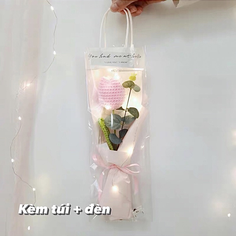 LẺ 1 hoa hồng móc bằng len kèm túi +đèn led xinh xắn làm quà tặng