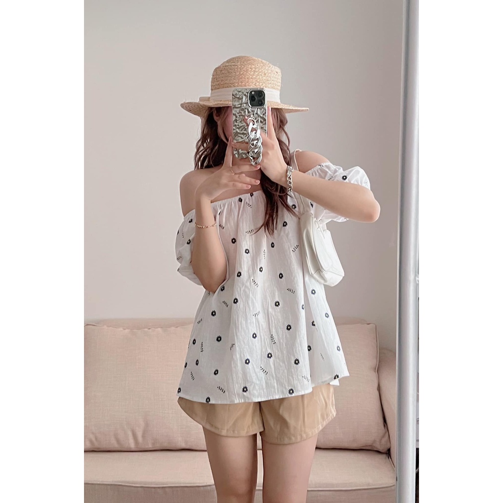 Áo sơ mi trễ vai nơ vai 3 màu ( đen, trắng, be), Áo sơ mi trễ vai buộc nơ xinh xắn