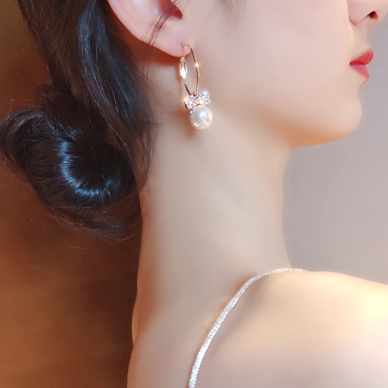 Bông Tai Mạ Bạc 925 Hình Nơ Đính Kim Cương Giả Toàn Diện Phong Cách Hàn Quốc