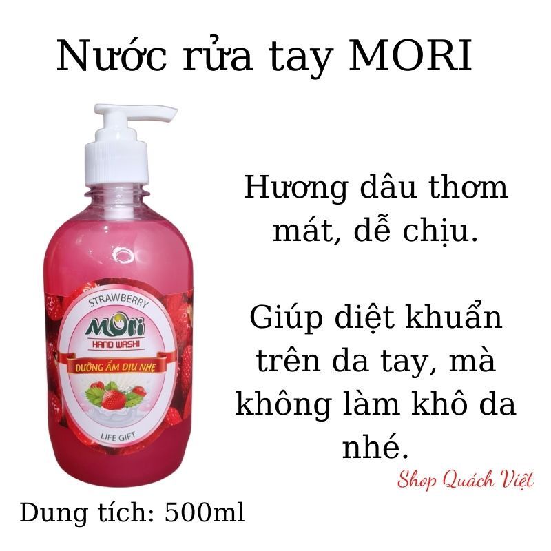 Nước rửa tay Mori hương táo/ hương dâu, chai 500ml