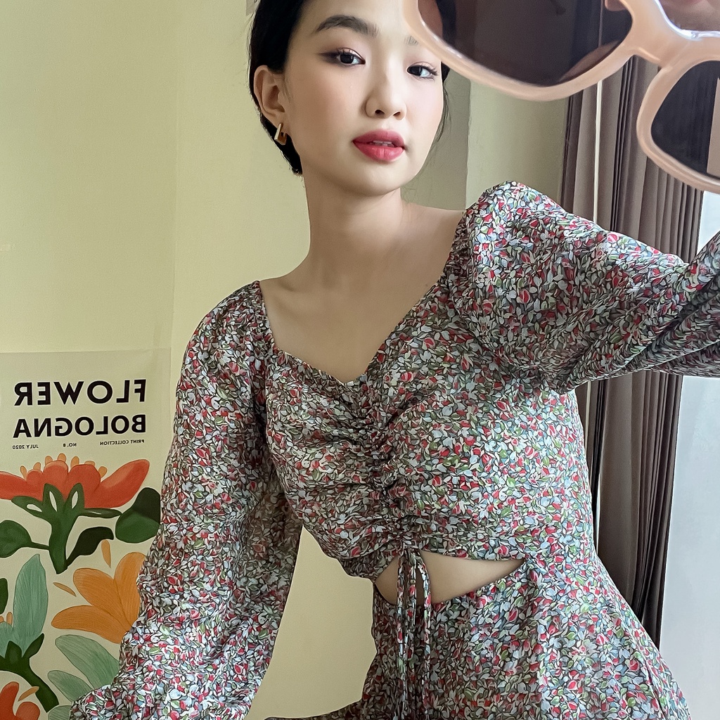 Váy liền nữ Méo shop dáng xoè baby doll có dây rút ngực Glory