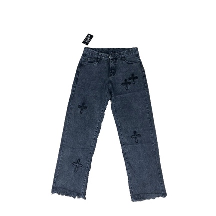 Quần jean chữ thập trắng đen ống suông rộng hottrend QJ08
