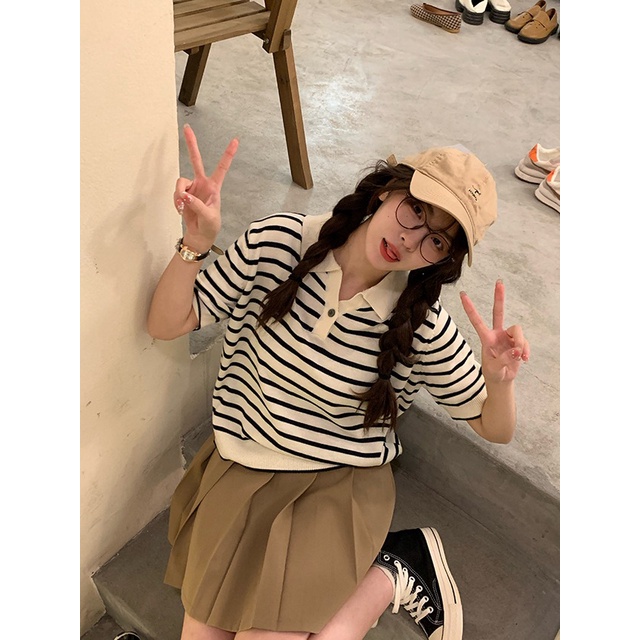 Áo thun polo ZHELIHANGFEI vải dệt kim ngắn tay họa tiết kẻ sọc ngang thời trang