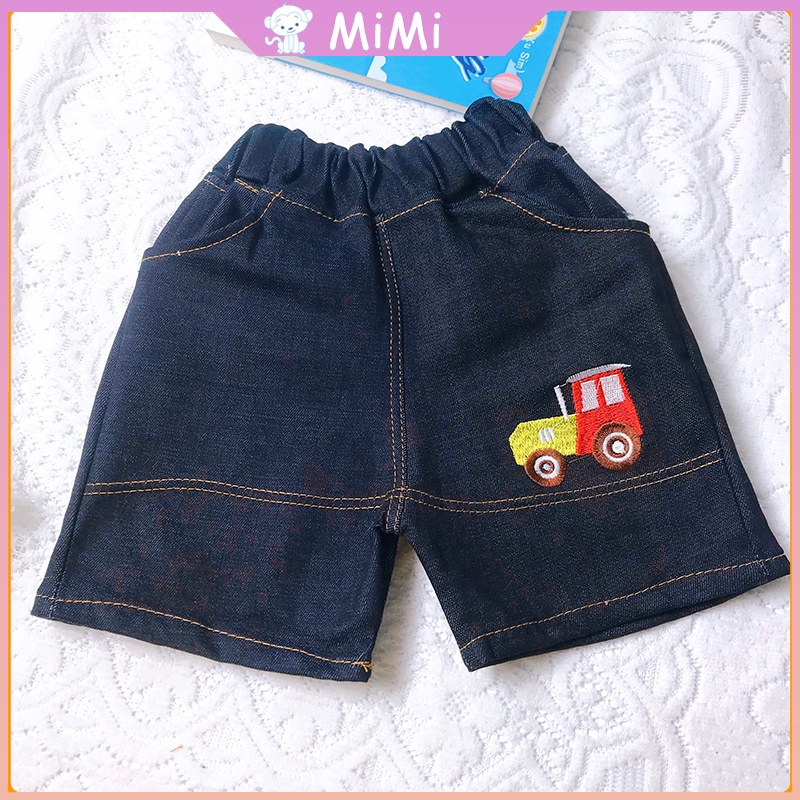 Quần Jean Bé Trai -SALE- Quần Short Bé Trai Chất Bò Jean Thô Thêu Hình Xe Size 8 - 19kg Đủ Size Cho Bé 1 - 7 Tuổi