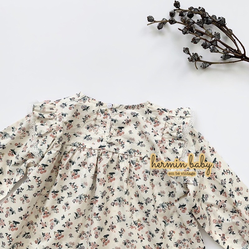 Áo bé gái dáng chữ A tay phồng họa tiết hoa nhí vintage dễ thương