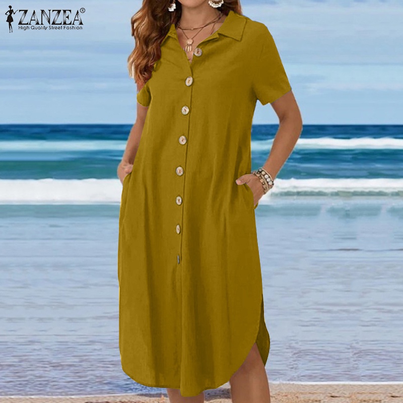 Zanzea Đầm Cotton Xẻ Tà Phối Túi Thời Trang Châu Âu Cho Nữ