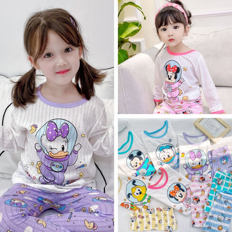 Bộ đồ cotton dài tay thoáng khí họa tiết hoạt hình xinh xắn dành cho bé