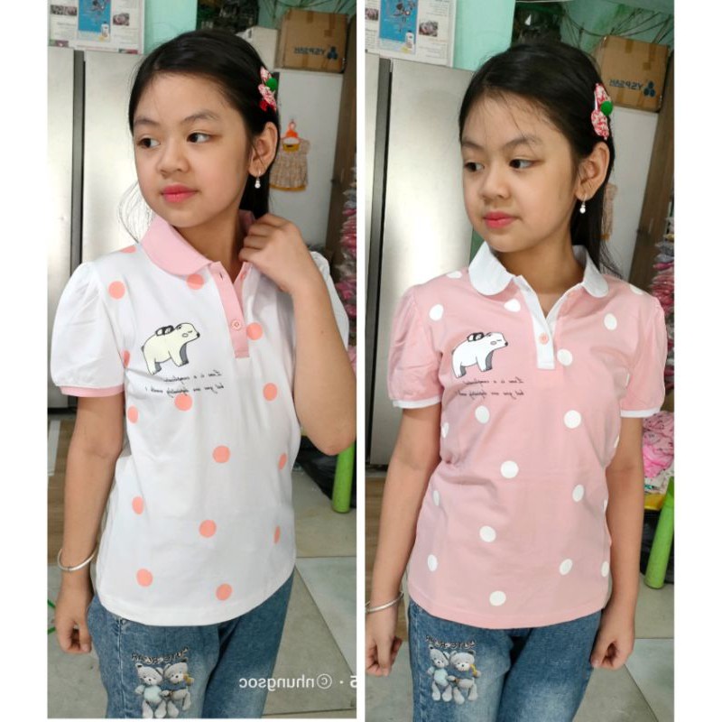 [15_35kg] Áo phông có cổ cho bé gái đi học hoạ tiết chấm bi