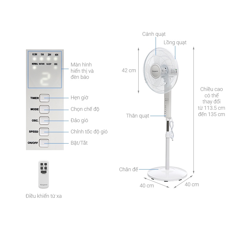 Quạt cây 5 cánh, 3 tốc độ gió Kangaroo KG725