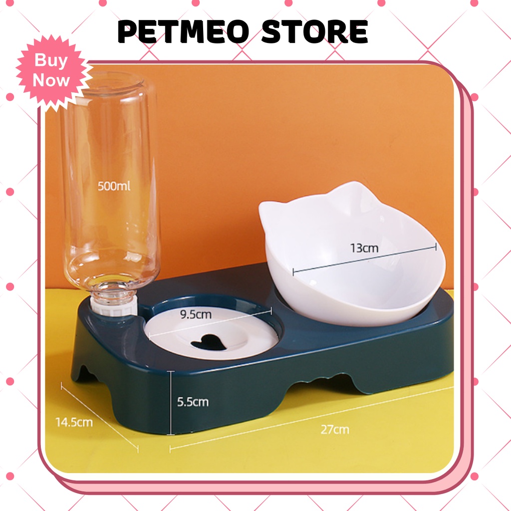 Bát ăn chống gù cho chó mèo kèm bình nước tự động 500ml - PETMEO