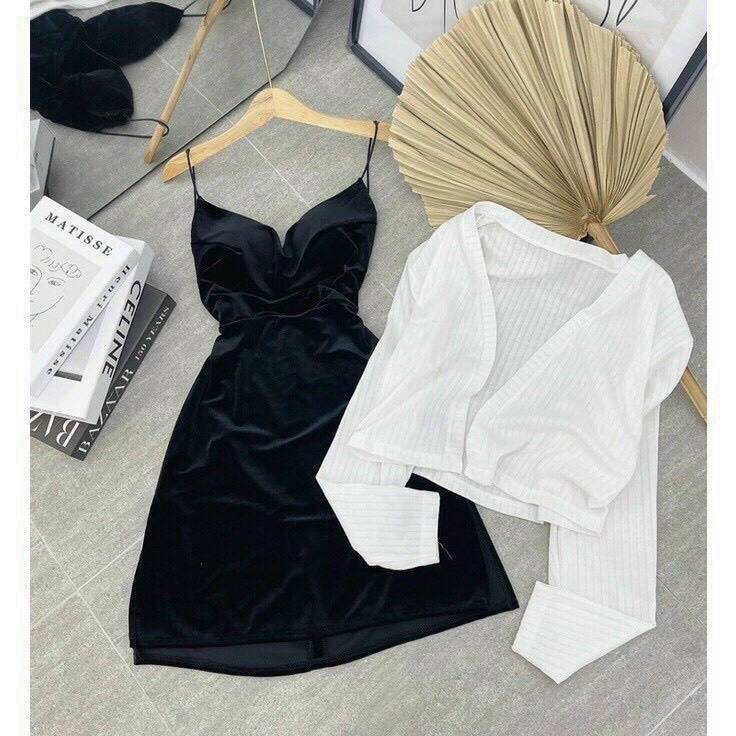 đầm body nhung 2 dây phối áo khoác gân đũi