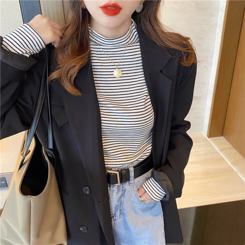 Áo Thun Tay Dài Cổ Cao 95% Cotton Họa Tiết Kẻ Sọc Thời Trang Cho Nữ 2021