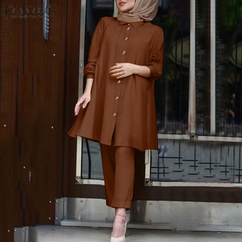 Zanzea Set Quần Dài Và Áo Tay Dài Màu Trơn Thời Trang Cho Phụ Nữ Hồi Giáo