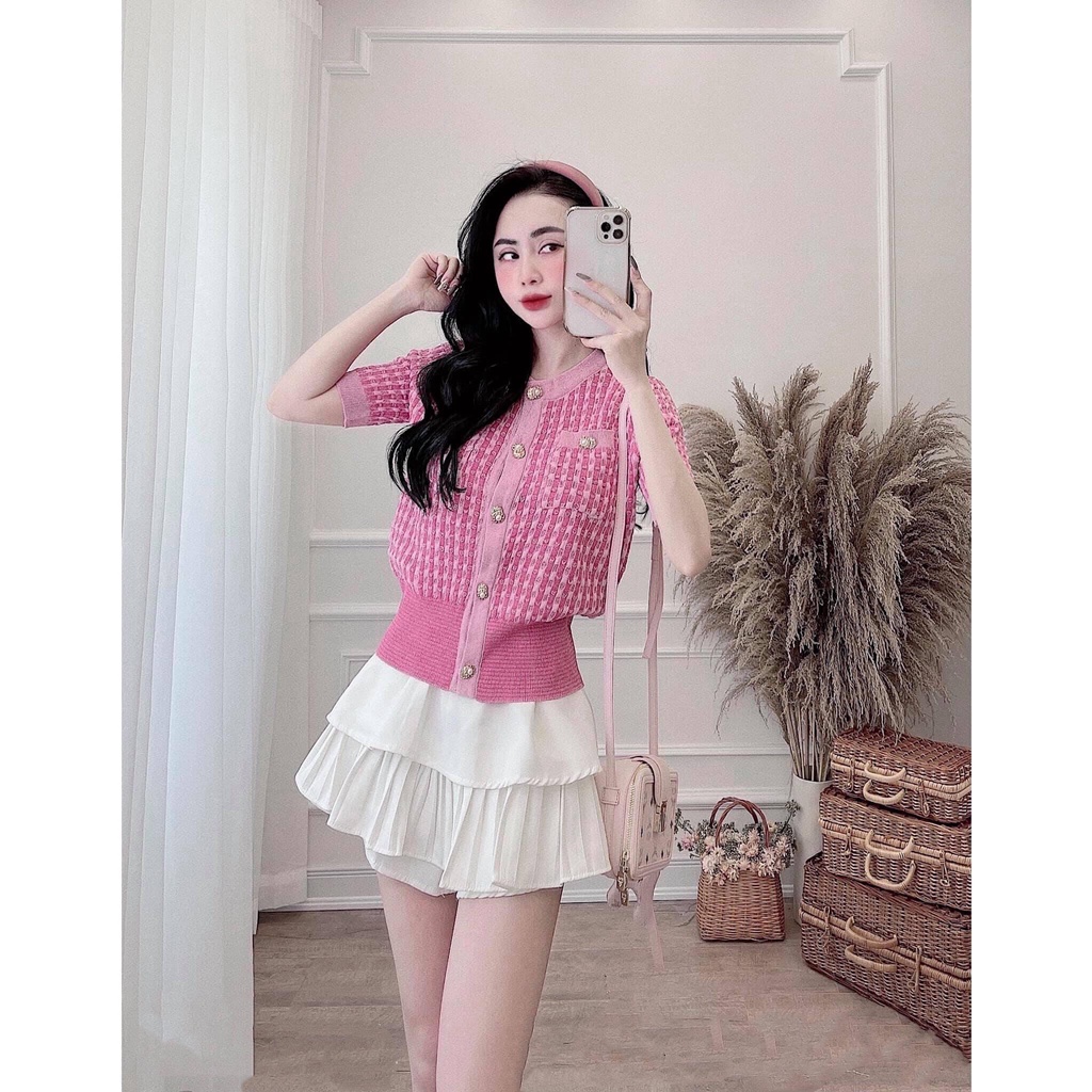 [ÁO CARDIGAN] Cadigan Nữ, Áo Dệt Kim Ngắn Tay Len Mỏng Màu Hồng Siêu Sang Chảnh