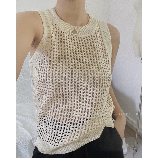 Áo đan móc lưới màu begie siêu xinh  chất liệu mềm nhẹ dễ mix match korea