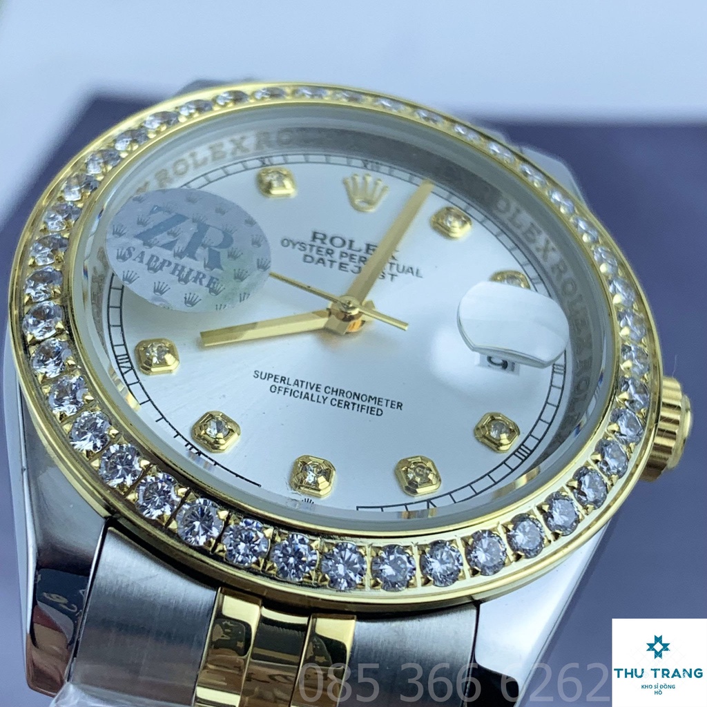 Đồng hồ nam Đồng hồ cơ Rolex dòng Automatic máy Nhật mặt trắng viền vàng đính đá dây demi size 40-41mm