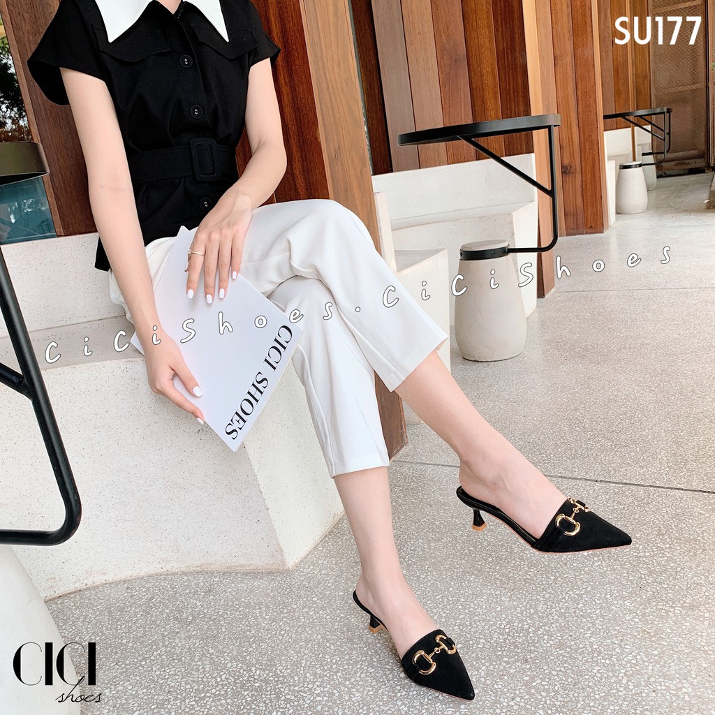 Giày cao gót nữ CiCi Shoes 5cm gót nhọn, dép sục mũi nhọn móc xích vàng - SU177