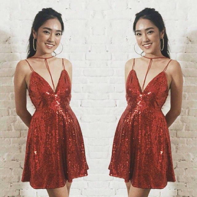 Đầm sequin đỏ xoè 3 dây lạ mắt sexy