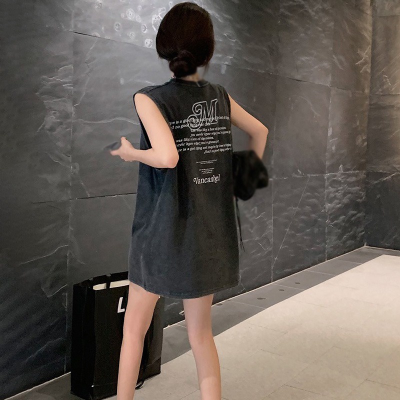 Áo Thun Sát Nách Cổ Tròn Dáng Rộng Thoáng Khí In Chữ Phong Cách Hàn Quốc Thời Trang Cho Nữ
