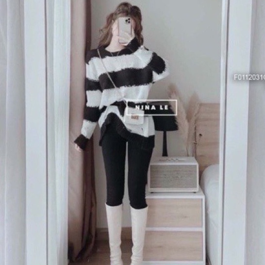 Áo len kẻ dáng thụng rách cá tính len mỏng nhẹ vanmiushop