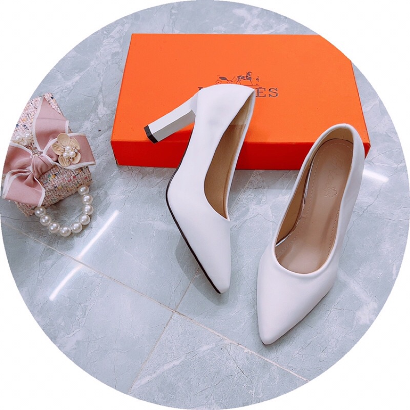 Giày cao gót mũi nhọn trơn da lì gót thanh xuất hàn mẫu mới