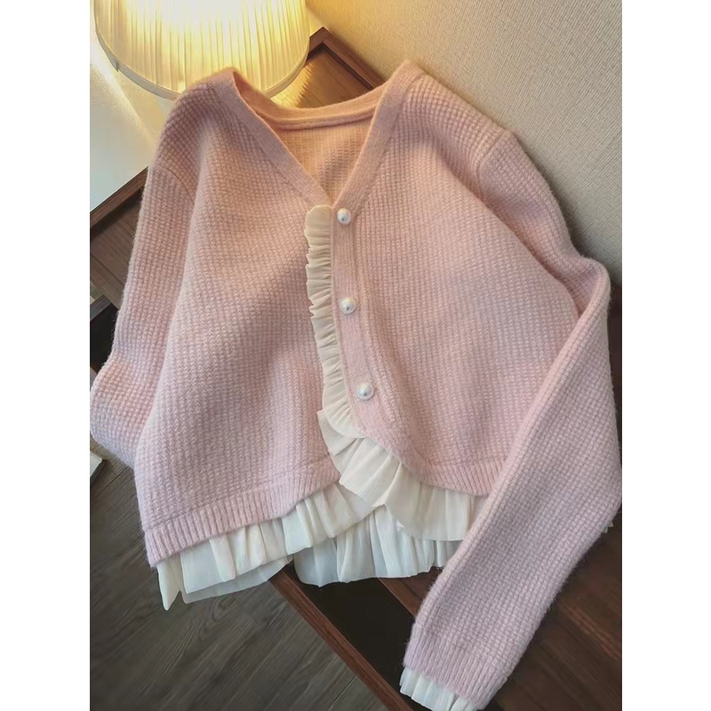 Áo len cardigan cổ V cài khuy phối voan vạt áo điệu đà tiểu thư vintage Hàn Quốc