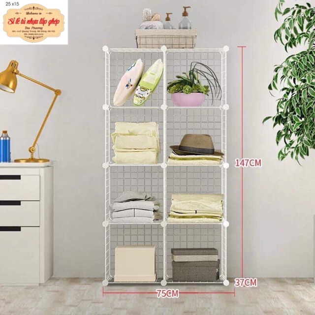 TẶNG MÓC CÀI SƯỜN - KỆ LƯỚI GHÉP SẮT 8 Ô TRẮNG SIZE 37x37cm.