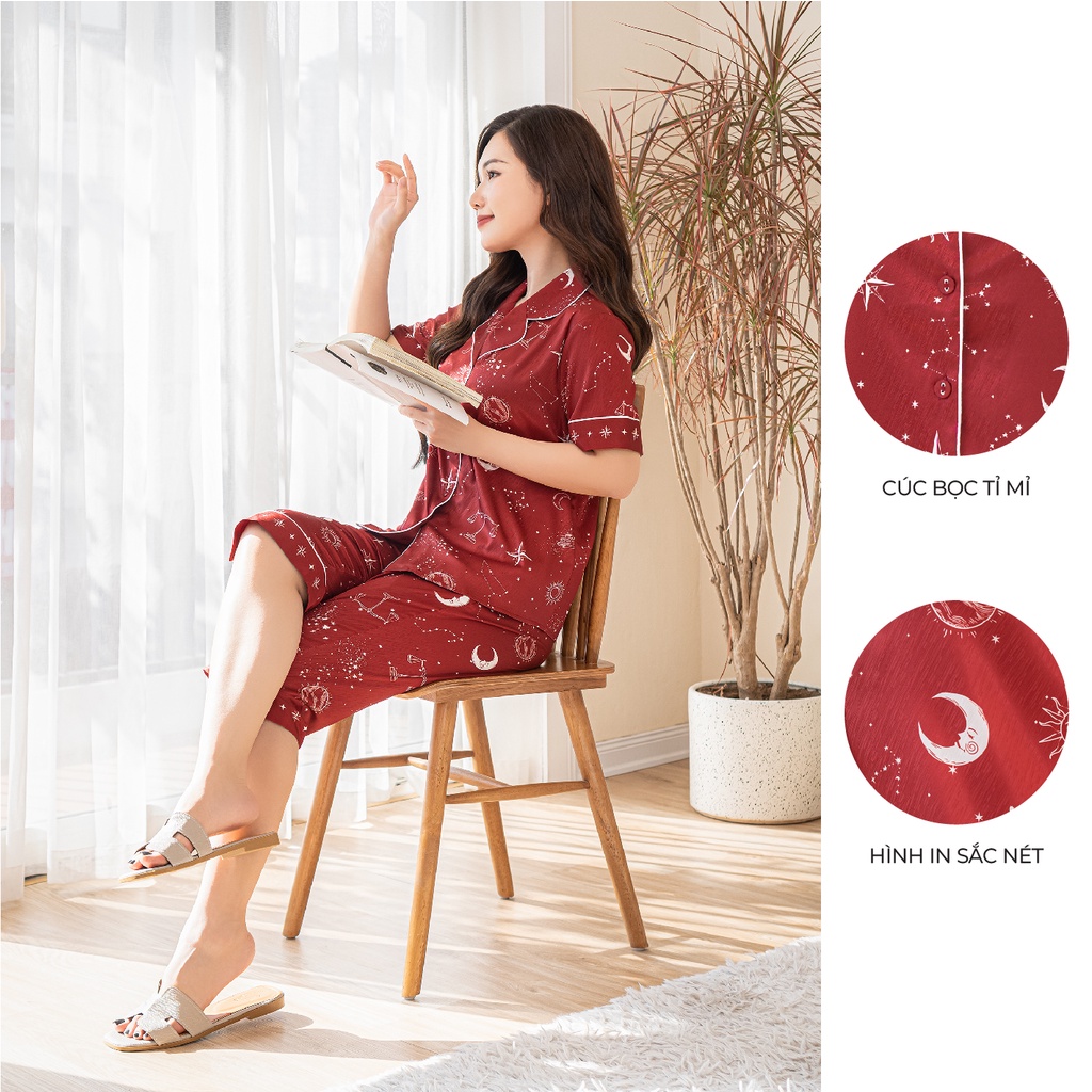 Bộ Pyjama satin ZAM Luxury - SLA88 - áo ngắn tay quần lửng hoạ tiết