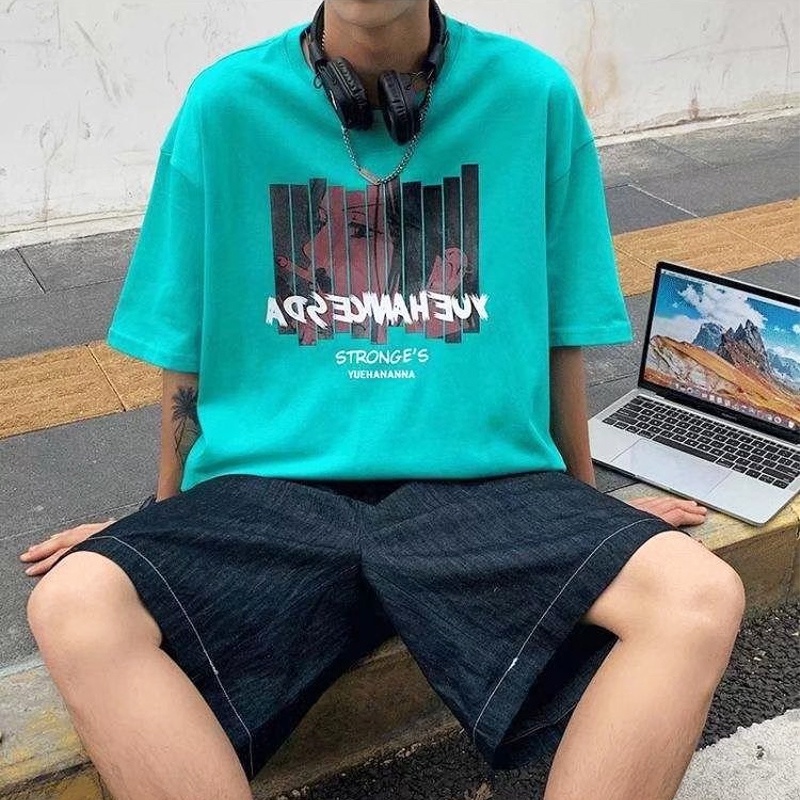 Áo Thun Tay Ngắn Cổ Tròn Dáng Rộng Phong Cách Hip Hop Hàn Quốc Cá Tính Cho Nam