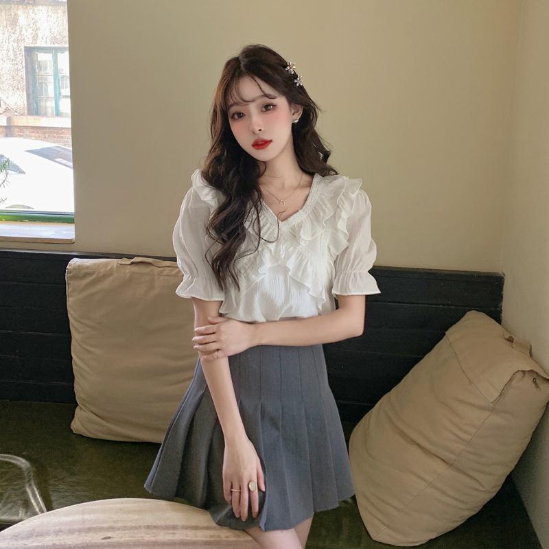 Áo Kiểu Tay Ngắn Cổ Chữ V Chất Liệu chiffon Thời Trang Mùa Hè Phong Cách Hàn Quốc Mới Cho Nữ 2022