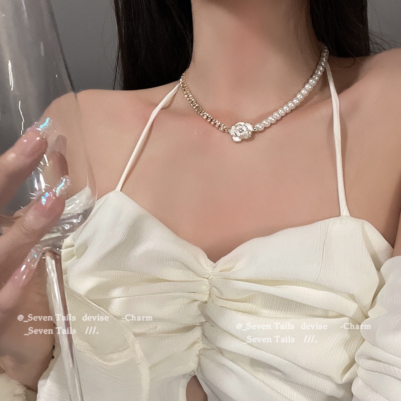 Vòng Cổ choker Đính Hoa Chi Trà Và Ngọc Trai Sang Trọng Thời Trang