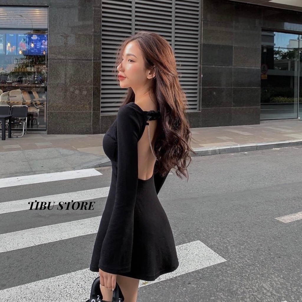Đầm body nữ đen hở lưng tay dài TiBu, váy ôm dáng sexy cổ thuyền phối lưng dây xoắn mặc đi chơi, dự tiệc