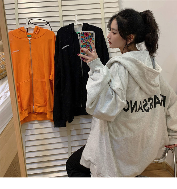 Caring Hong Kong Style Sweatshirt Women's Spring and Autumn Loose Korean StylefThin Section Zipper Street Coat