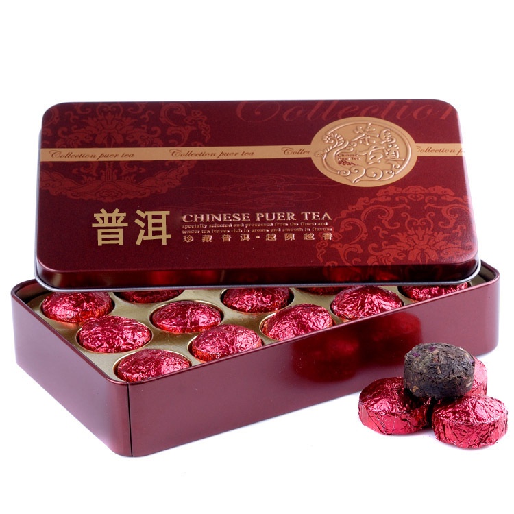 Trà phổ nhĩ Chín Vân Nam Thêm Hoa Hồng dạng viên nén Hộp thiếc