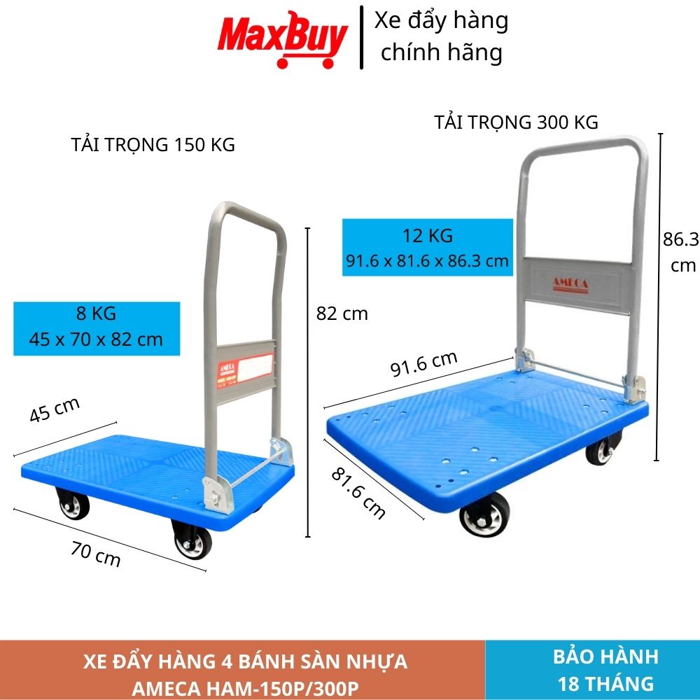 Xe đẩy hàng kéo hàng 4 bánh nhựa giảm ồn tốt sàn nhựa gấp gọn AMECA tải trọng 150kg giao hỏa tốc HN