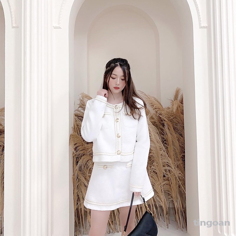 TINGOAN® - Chân váy cạp lưng cao bện dây tweed trắng tingoan FAIRY GLAM SKIRT/WH