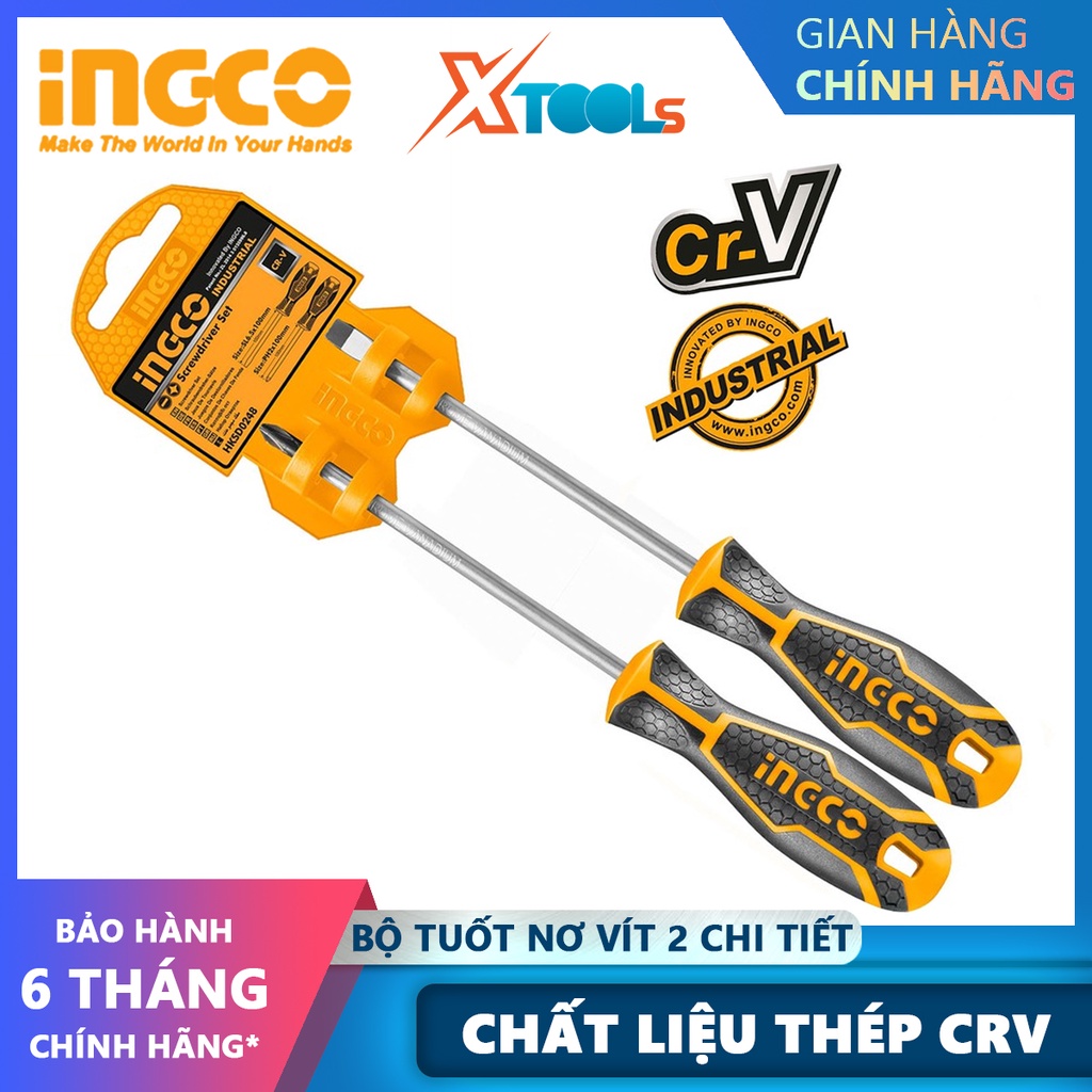 Bộ tuốc nơ vít dẹp và bake 2 chi tiết INGCO HKSD0248 | Bộ 2 tua vít Quy cách Loại bake SL6.5 x 6 x 100 Loại dẹp PH2 x 6