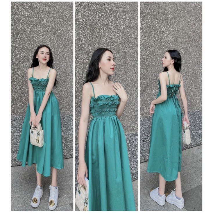 Đầm maxi 2 dây nhún ngực cột dây nơ lưng đi chơi đi hẹn hò đi biển Ulzzang hình thật và video | BigBuy360 - bigbuy360.vn