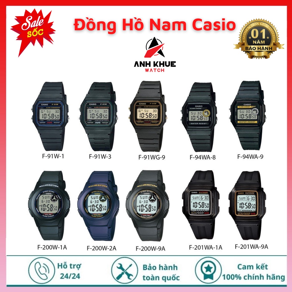 Đồng Hồ Nam Casio F-91W & F-200W F-201WA hàng chính hãng - Mặt Điện Tử - Tuổi Thọ Pin cao - Chống Nước - Bảo hành 1 năm