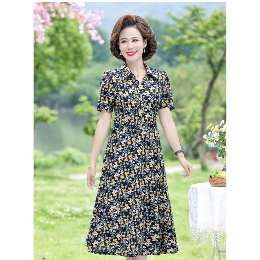 Xl-4XL Đầm nữ trung niên cổ sơ mi, đầm tặng mẹ phong cách phương tây, đầm thun trung niên có túi cổ polo