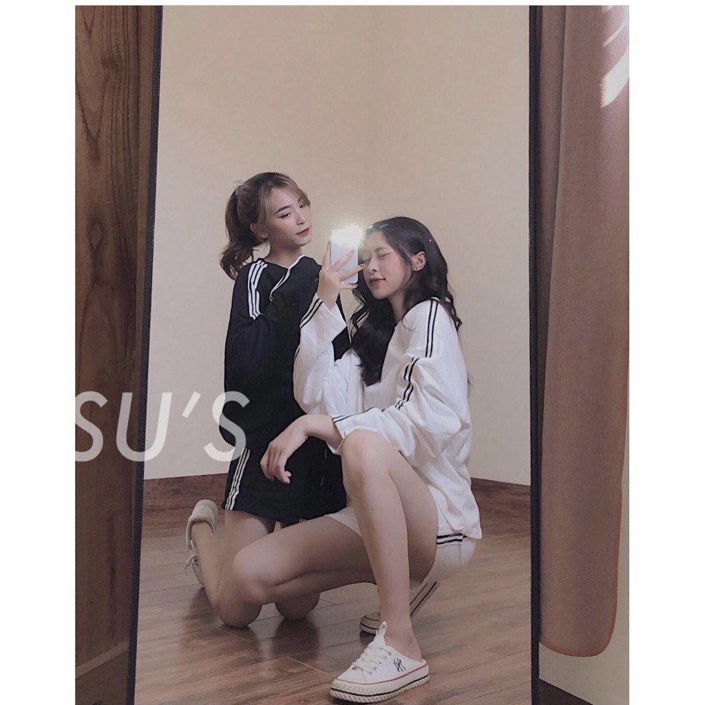 Set Nữ Short Áo Dài Tay 3 Sọc ⚡ Casper.Store | FREESHIP | ⚡ Set quần suông áo thun form rộng, kiểu dáng cá tính