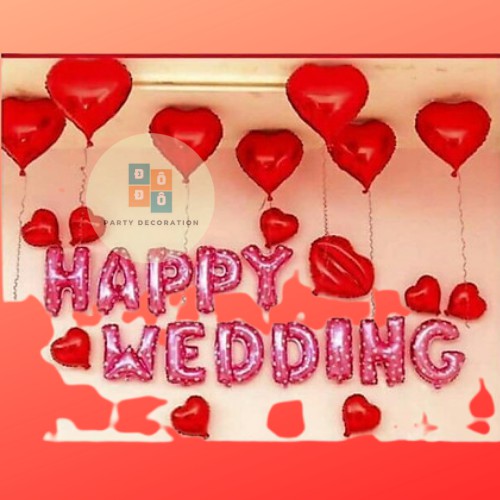 Bộ Bóng Happy Wedding Tim Đỏ [Bóng Bóng Trang Trí Tiệc Cưới][Shop Chú Hề Đô Đô]