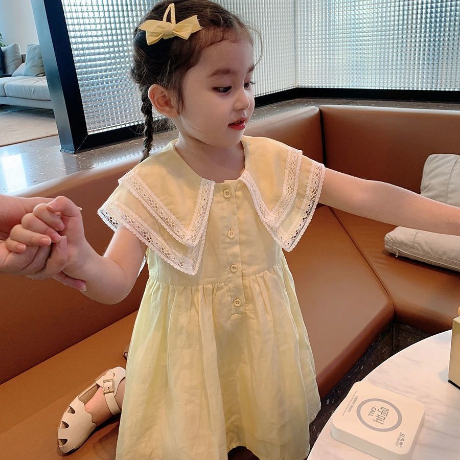 Đầm Công Chúa Không Tay Cổ Hải Quân Màu Trắng Vàng Kiểu Phương Tây Thời Trang Mùa Hè Cho Bé Gái 0328